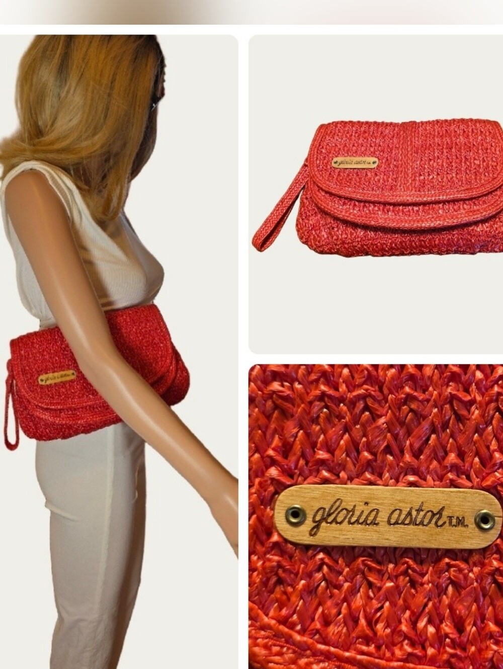 Vintage Gloria Astor Sarne Red Raffia Boho Clutch Purse Pockets EUC